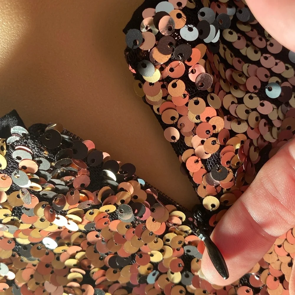 FREE PEOPLE - NWT - skirt: bronze lined sequined w front slit & rear zipper - 12 - Picture 15 of 16